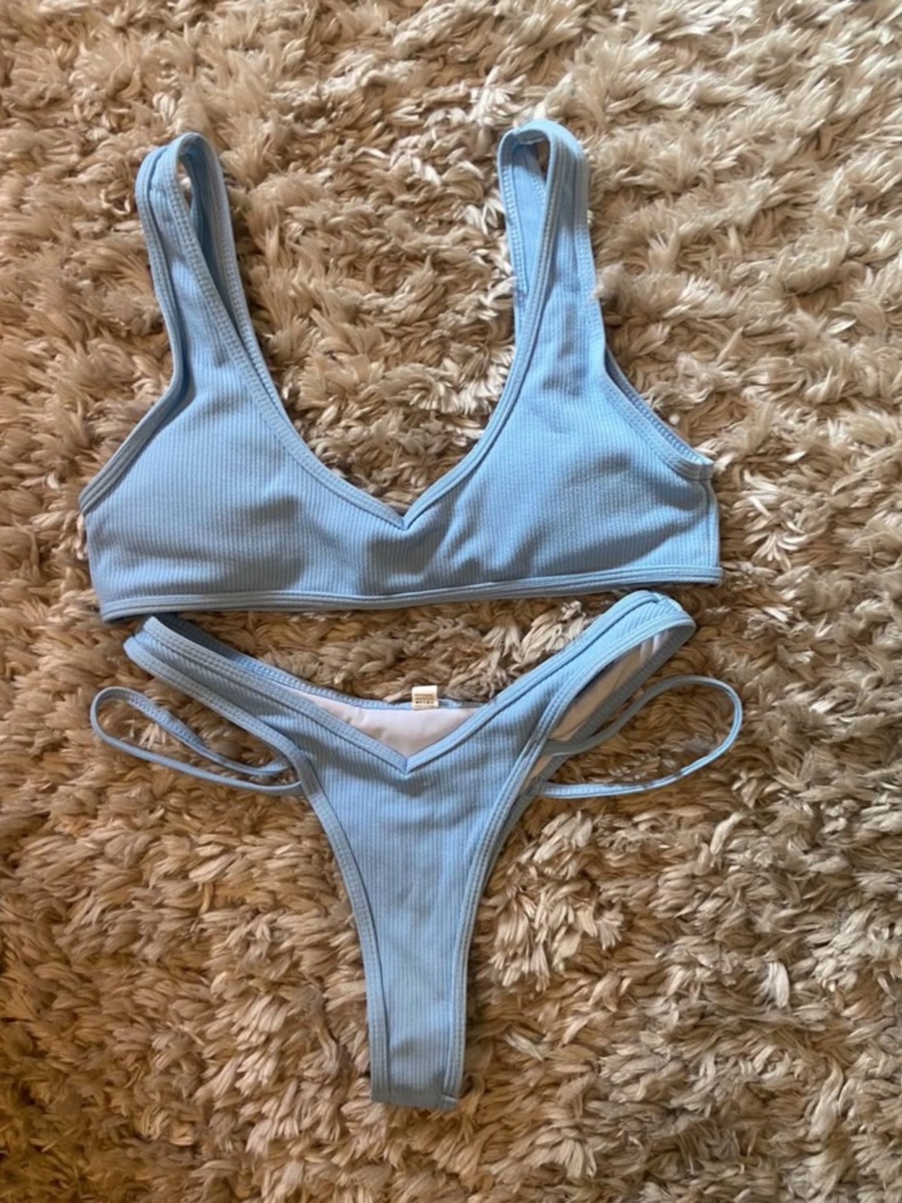 Light Blue Ribbed Bikini Set - Scoop Top & High-Cut Bottoms